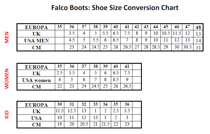 Falco size chart