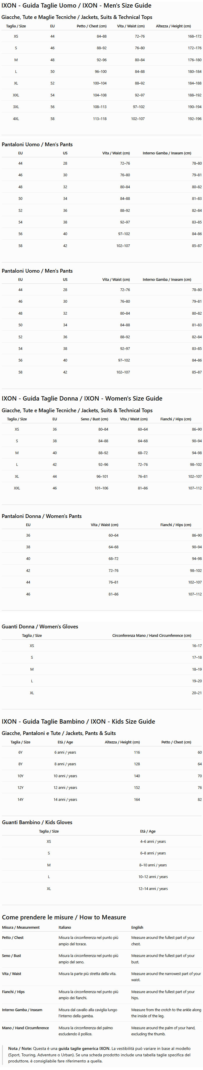 Ixon Size Chart
