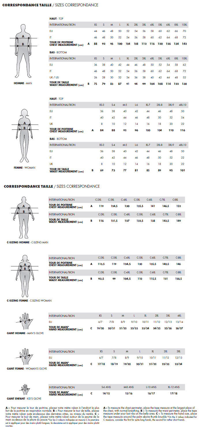 Ixon size chart